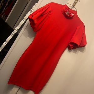 Red midi dress with ruffled sleeves
